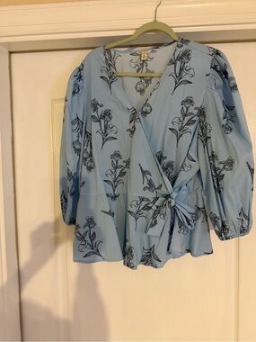 Cato Light Blue Floral Wrap Blouse with Side Tie